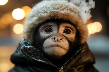 Sad cute baby animal capuchin in winter warm clothes, icy air fr