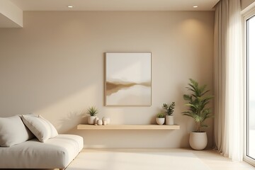 Neutral Living Room with Abstract Art and Potted Plants: Interior Design of a Minimalist Home with Natural Light and Modern Furniture.                