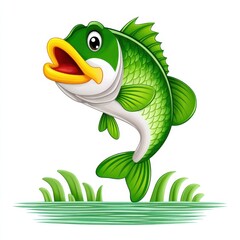 Fototapeta premium Playful Green Cartoon Fish Leaping from Water