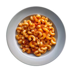 White plate with macaroni in tomato sauce  cheese, top view isolated on a transparent  background