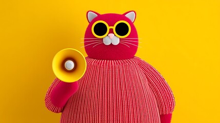 Fototapeta premium A cute, pink cat in a striped sweater and sunglasses holds a yellow megaphone against a bright yellow background