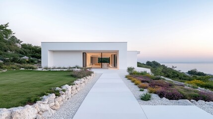 Fototapeta premium Modern minimalist home with panoramic views. A contemporary white villa situated on a hillside overlooking a tranquil body of water. Landscaped gardens with a walkway leading to the entrance