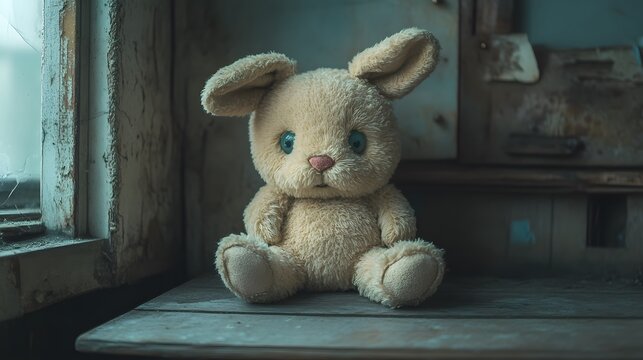 Forlorn Cuddly Bunny on Vintage Table Emanating Stark Darkness and Provoking Psychological Contemplation Through Emotional Cues