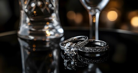 two diamond rings are on black glass background