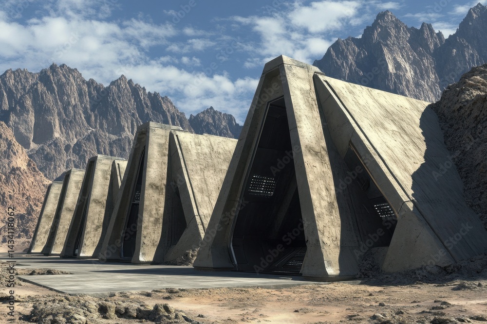 Poster dramatic concrete structures in a desolate landscape with majestic mountains under a cloudy sky crea