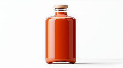 Orange Liquid in Glass Bottle with Wooden Cap on White Background