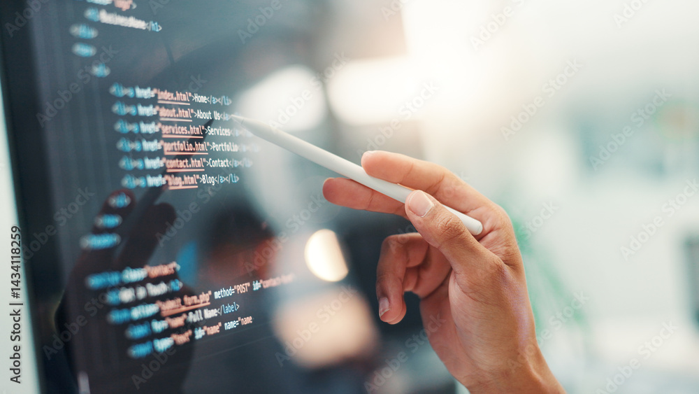 Poster Programmer, hands or person with screen for code, app development and debugging computer. Closeup, programming and employee with technology review for software testing, system data or online update