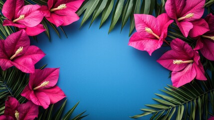 Bright pink bougainvillea flowers and green palm leaves arranged in a circular frame on vibrant blue background perfect for tropical themes or summer designs