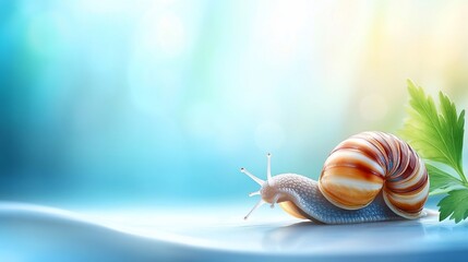 A snail glides gracefully with a leaf, amidst a dreamy, blurred background
