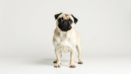 Obraz premium A lone pug, isolated against a pure white backdrop, canine, background, pet portrait