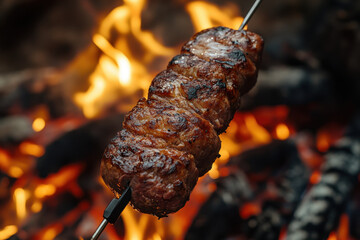 Close-up: Juicy meat skewer on skewer stick, grilled to perfection.