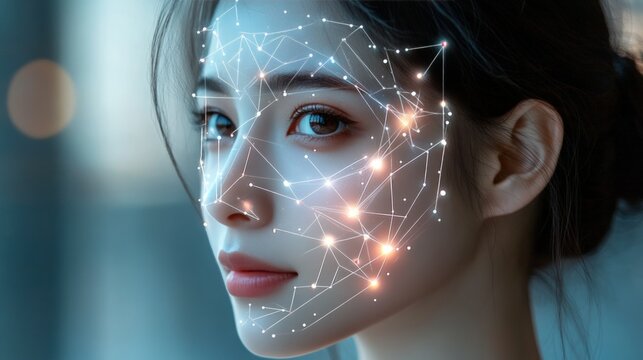 Woman's face with digital network overlay