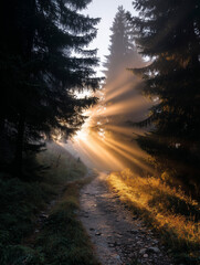 Fototapeta premium Foggy forest path with golden sunrise breaking through trees, volumetric light rays, mystic and peaceful mood
