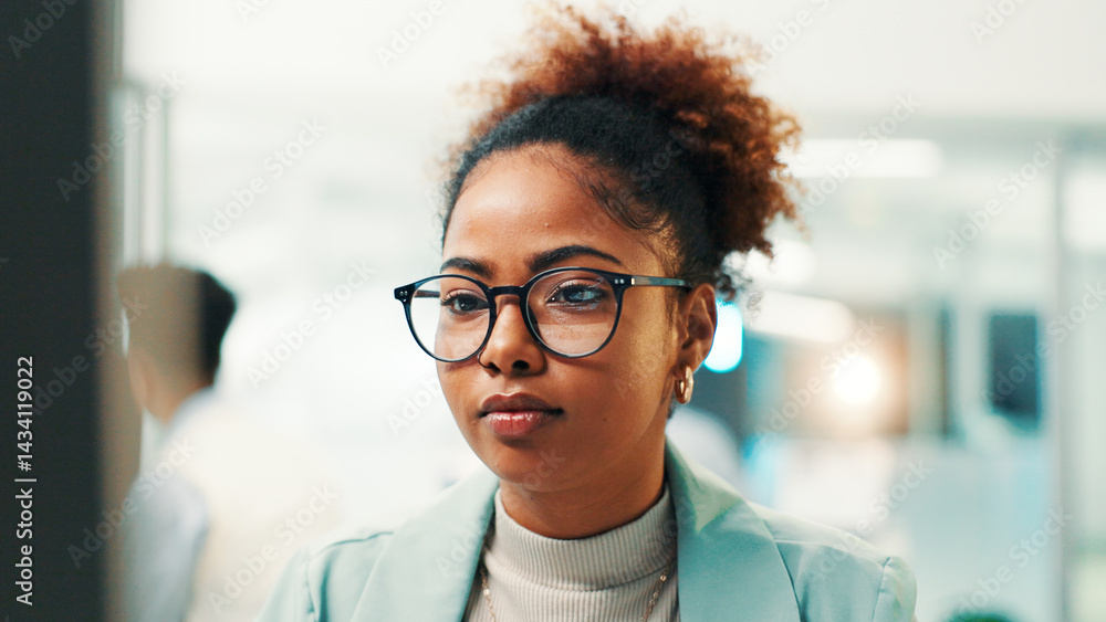 Leinwandbilder Programmer, research or woman with glasses for reading code, app development and debugging PC. Review, programming computer and employee with technology for software testing, system or online update