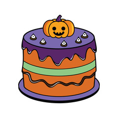 Colorful Halloween cake with pumpkin decoration vector illustration isolated on white background