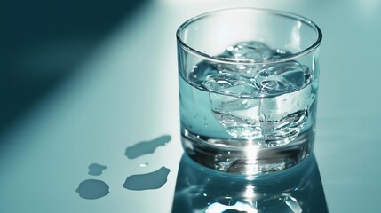 A glass of water with ice cubes in it sits on a table. The water is clear and the ice cubes are floating in it, creating a refreshing and cool drink. The table is made of glass and has a blue tint