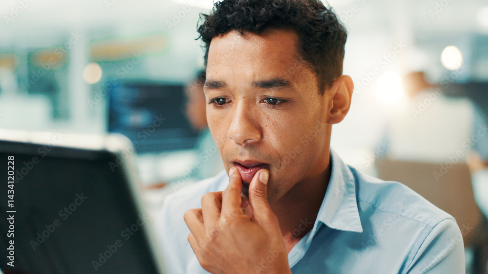 Poster Programmer, thinking and man on tablet in office for problem solving, web development and reading code. Idea, serious developer and tech for software, creative inspiration and planning algorithm