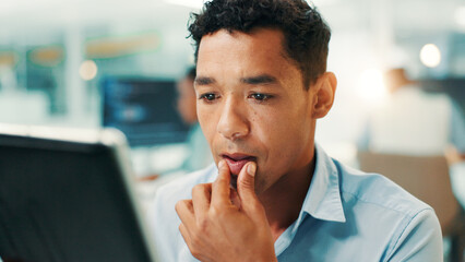 Programmer, thinking and man on tablet in office for problem solving, web development and reading...