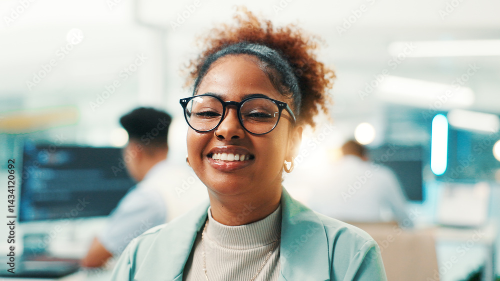 Poster Portrait, happy and programmer with business woman in office cyber security, network domain and code analyst. Server encryption, tech startup and software review with person in IT firm for VPN system