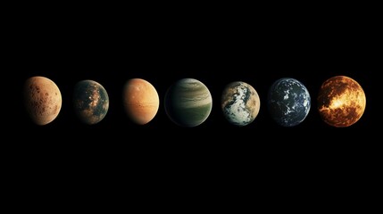 A row of planets in the solar system, including the sun, are shown in a black and white photo
