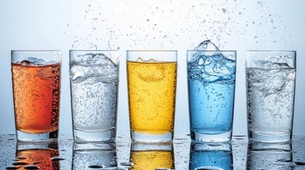 A row of five glasses of water with different colors. The glasses are filled with ice and water, and the water is splashing out of the glasses. Concept of freshness and hydration