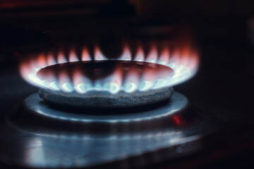 Gas blue flame of a steel gas stove. Close up