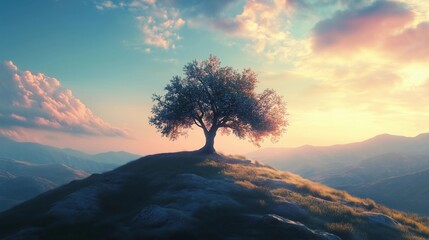 A tree is standing on a hill with a beautiful view of the sky. The sky is filled with clouds, and the sun is setting, creating a serene and peaceful atmosphere