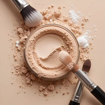Various makeup brushes and a container of powder displayed on a soft beige background, highlighting cosmetic essentials.

