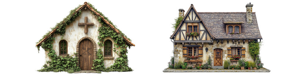 Obraz premium Collection of two charming ivy-covered fairy tale cottages, isolated on a transparent background.