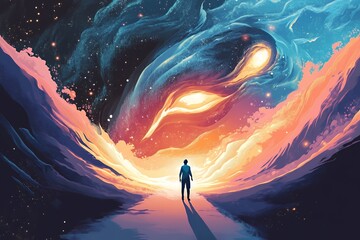 A lone figure walks towards a vibrant, colorful nebula in a surreal landscape. Concept of exploration, discovery, and the unknown.