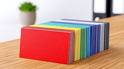 A stack of colorful blank business cards on a wooden desk