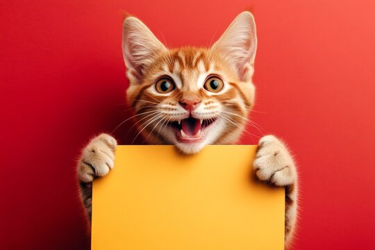Ad photo with creature. &ETH;&iexcl;ute adult cat havana brown hold in front paws a wireframe - large yellow avenue sign. Kitten ad frame. Isolated cat on a solid apparel red background. Cat in ad bo.