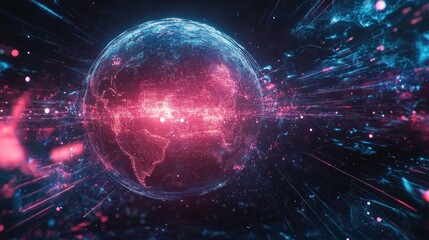 Fototapeta premium Futuristic Digital Globe with Neon Highlights: A Vibrant Representation of Global Connectivity and Innovation