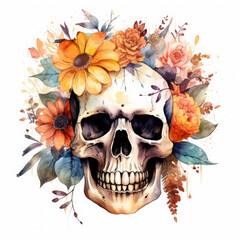 Fototapeta premium Watercolor Skeleton's Head Among Flowers, clipart Illustration, Generative Ai