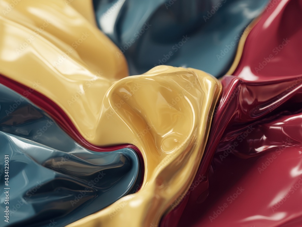 Poster abstract glossy paint flow in yellow blue and red colors artistic background with smooth texture and