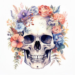 Watercolor Skeleton's Head Among Flowers, clipart Illustration, Generative Ai