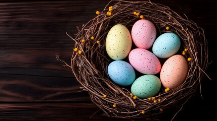 Obraz premium Above view of colorful Easter eggs in twig nest; small tree branches with small yellow blooms; flat lay on dark wooden table banner;