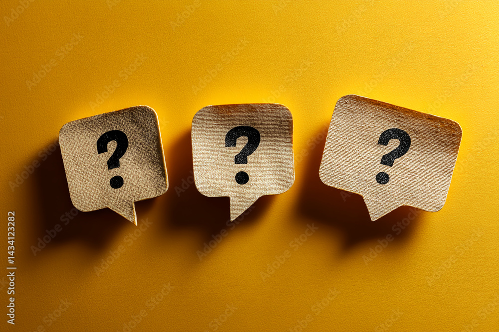 Poster three beige speech bubbles with black question marks on yellow background, representing uncertainty,