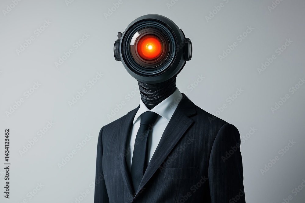 Poster futuristic robot with a camera lens head wearing a business suit, symbolizing artificial intelligenc