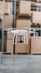White Drone Flying Over Blurred Warehouse Boxes