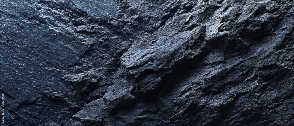 Poster moody close up of a stunning dark blue rock surface with intricate textures and captivating shadows 
