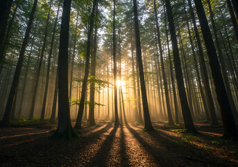 Fototapeta premium Majestic Sunrise in a Misty Forest: Nature Photography