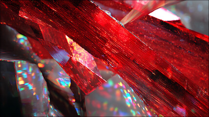 A close-up of a vibrant red crystal with shiny rainbow reflections and light glare