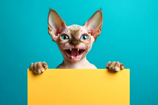 Isolated kitty on a solid outfit rblue background. Cute poster mockup shot. Minimal pet photo shoot. Cat urban promo. Ð¡ute cat sphynx hold in front paws a prototype - large yellow alley sign. - Powered by Adobe