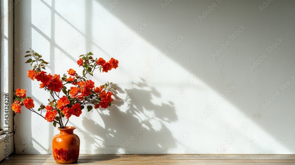 Poster vase of red flowers sits on a wooden table in front of a white wall. the sunlight shining through th