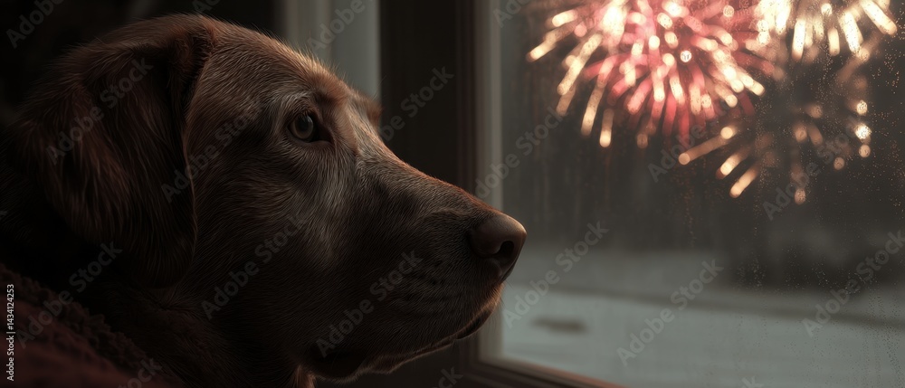 Poster golden retriever gazing at fireworks display through window pane on a festive evening celebration wi