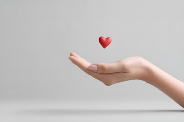 Fototapeta premium Hand holding heart symbol on a minimalistic background, banner with copy space