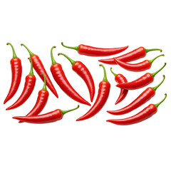 Fresh Red Chili Peppers Scattered on a White Background, Isolated on Transparent Background 