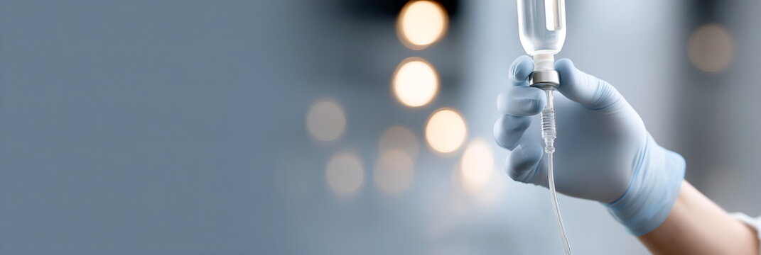 Medical professional adjusting IV drip in healthcare setting, banner with copy space