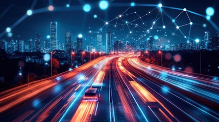 City highway at night with glowing connections